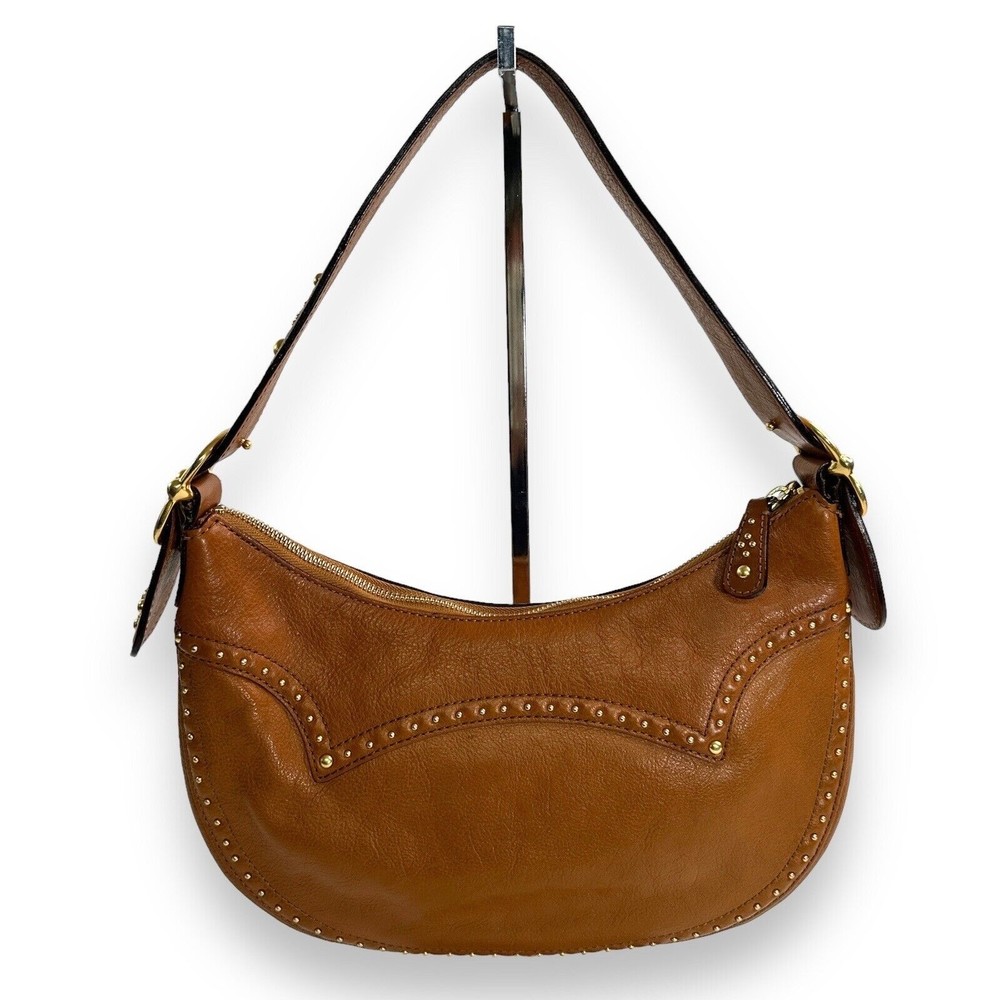 Michael Kors Handbag Crescent Hobo Shoulder Bag Purse Brown Leather Studded
